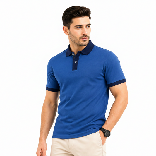Evryone Men's Contrast Collar Polo Shirt | Cotton Pique Short Sleeve Top