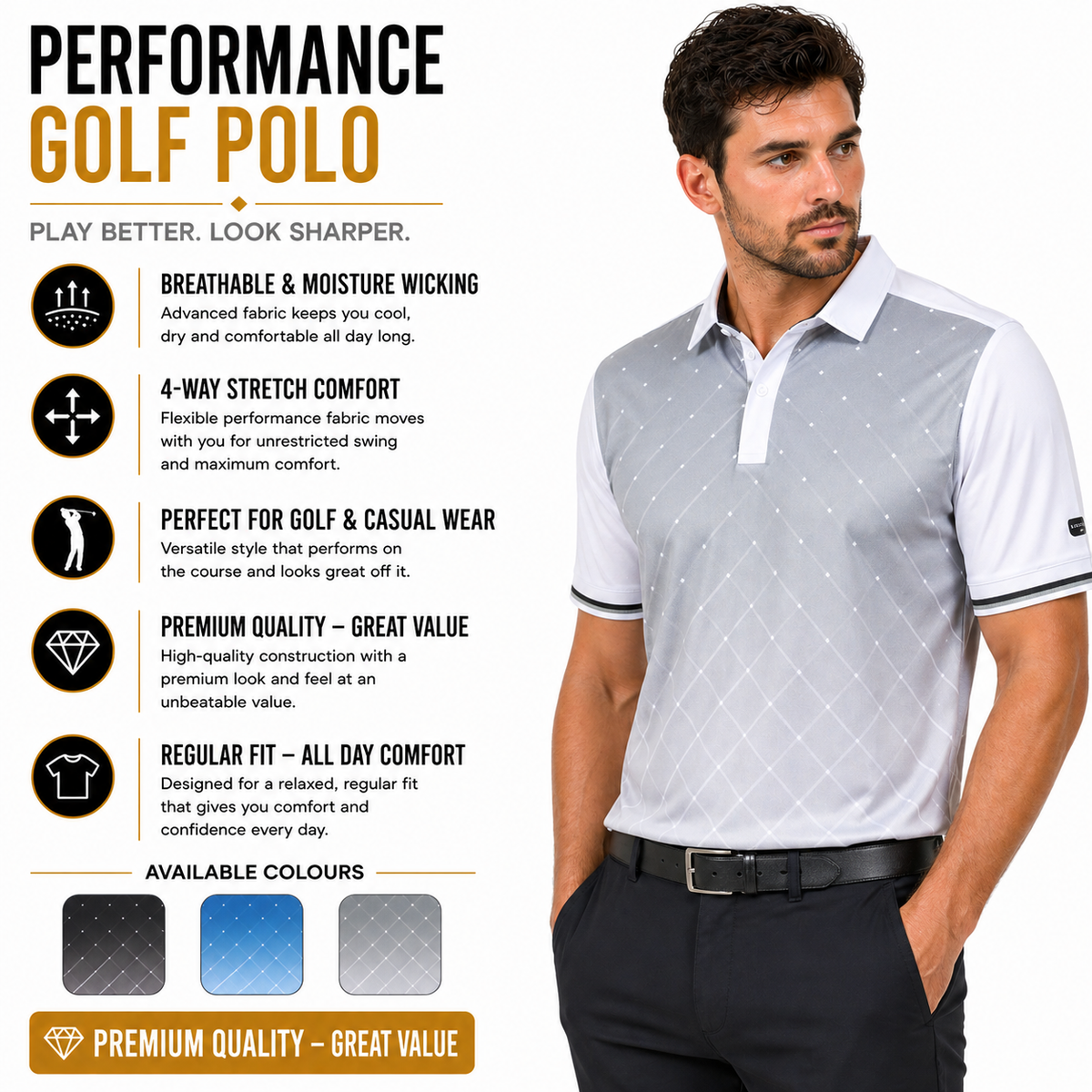 Island Green Golf Polo Shirt Mens Geometric Stretch Breathable Top