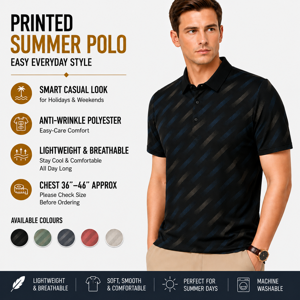 Mens Printed Polo Shirt Short Sleeve Contrast Summer Casual Top S-4XL