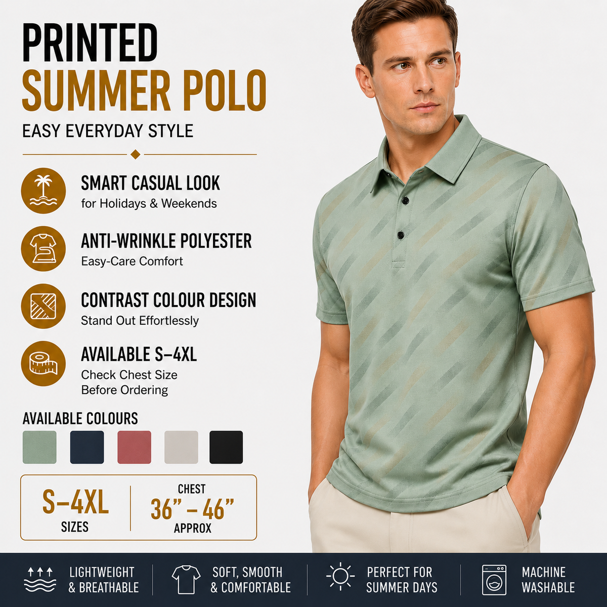 Mens Printed Polo Shirt Short Sleeve Contrast Summer Casual Top S-4XL