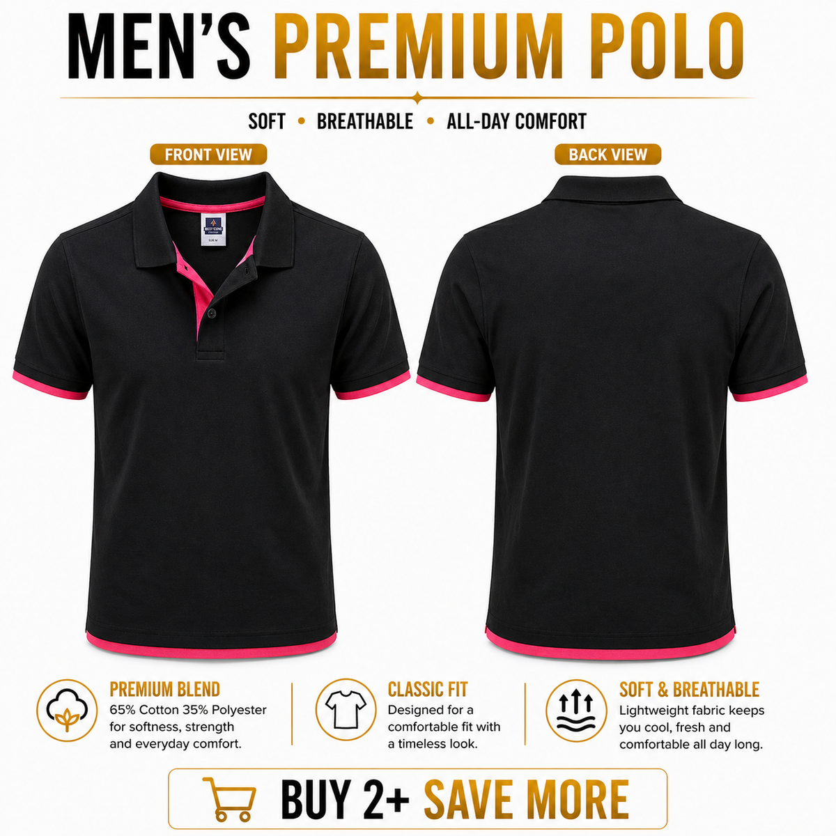 QHA Men's Unisex Piqué Polo Shirt Cotton Blend Contrast Collar 11 Colours S–2XL