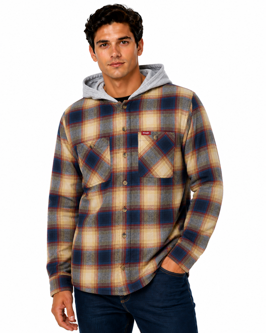 Wrangler Men's Hooded Padded Flannel Shacket Check Shirt Jacket M-3XL