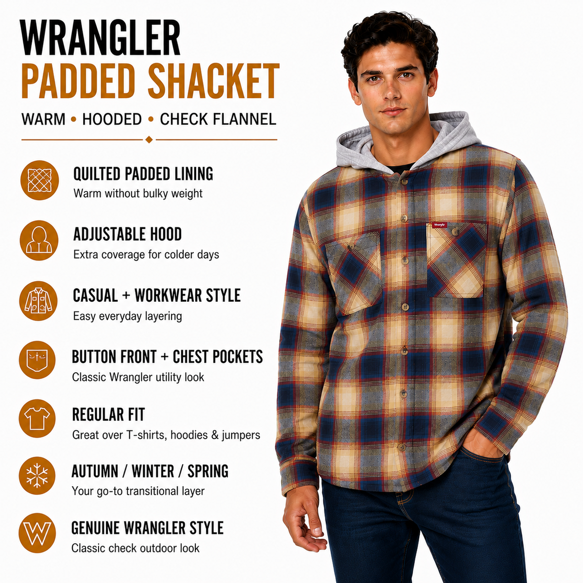 Wrangler Men's Hooded Padded Flannel Shacket Check Shirt Jacket M-3XL